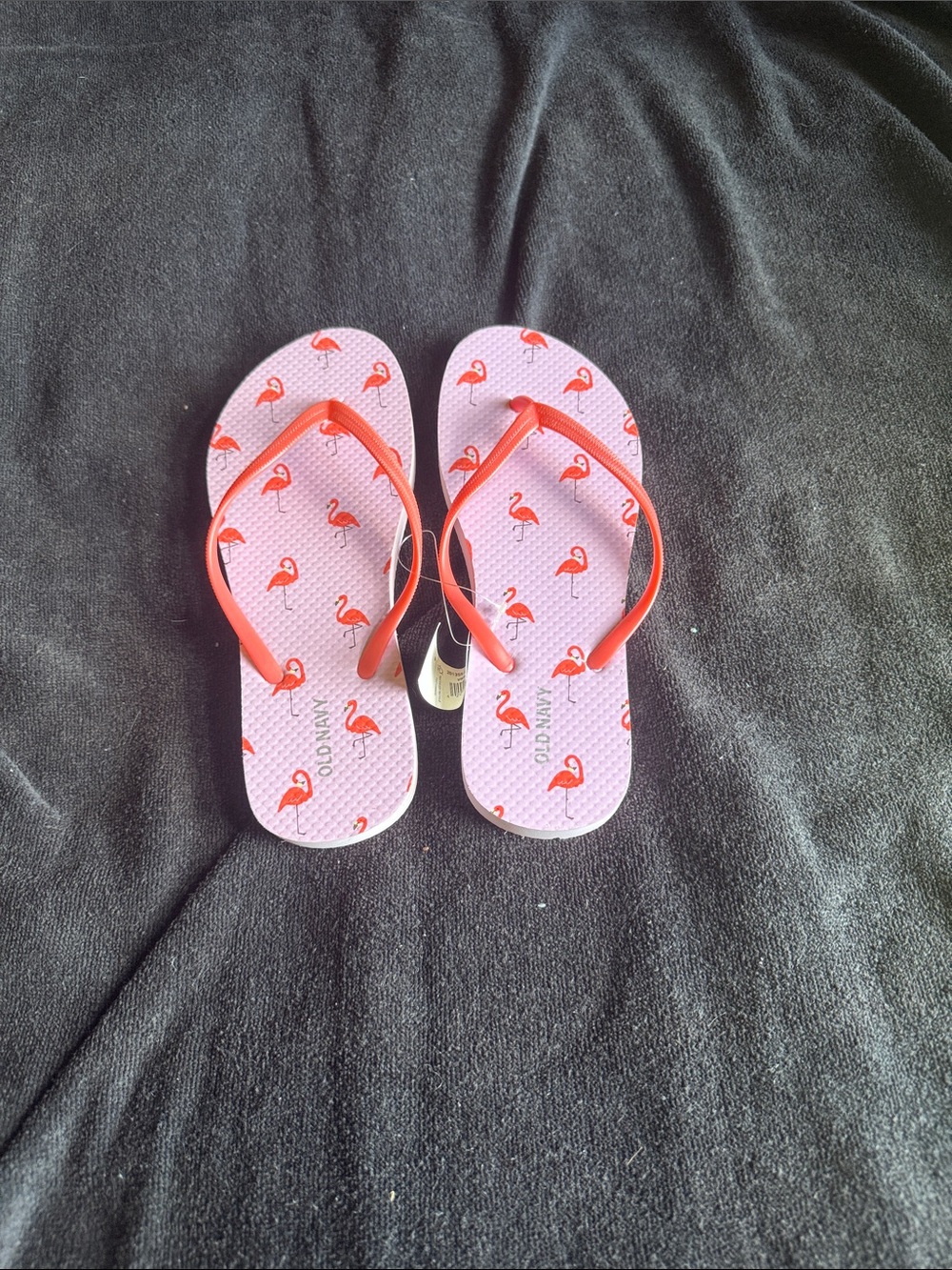 Old Navy Pink Flip-Flops with Coral Straps and Flamingo Print